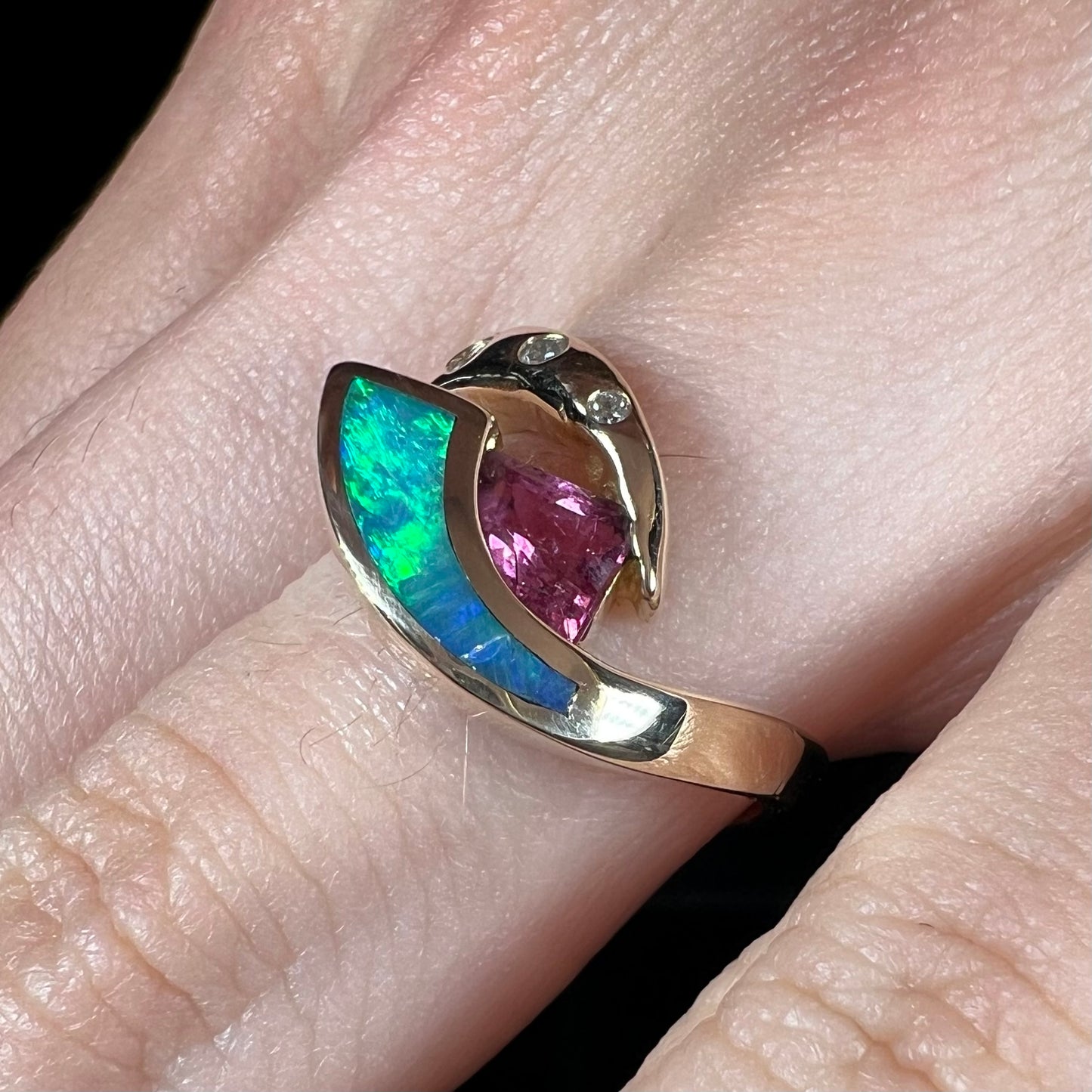 Libra | Retro Pink Tourmaline & Opal Inlay Ring in 14k Gold, c.1980's