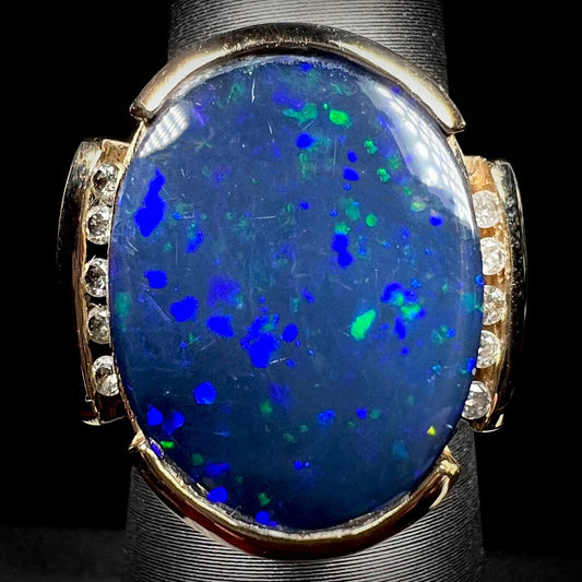 Lulu | Estate Unisex Black Boulder Opal Doublet & Diamond Ring in 14kt Gold