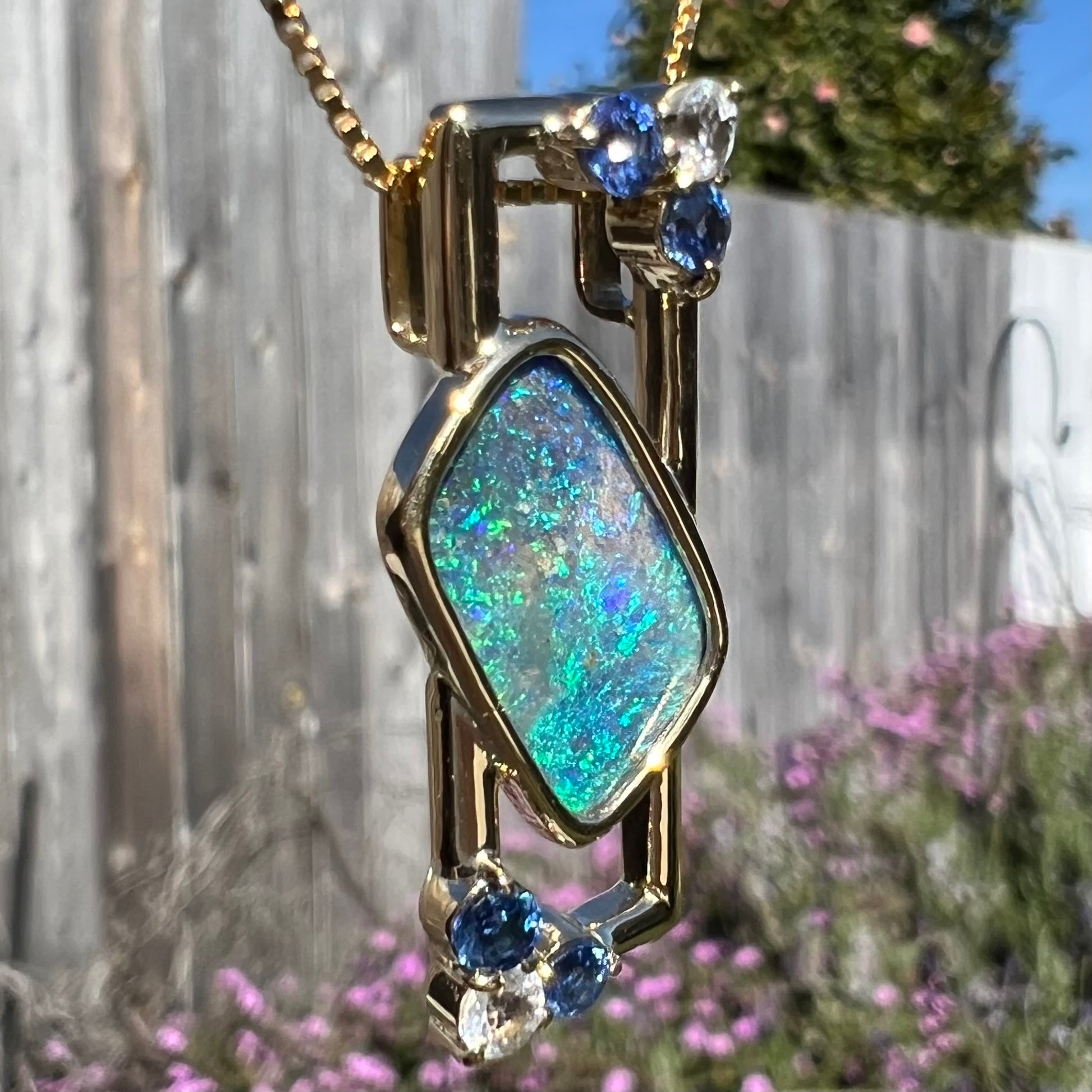 Blue Boulder Opal Sapphire Pendant in 18k Gold Necklace OpalPop