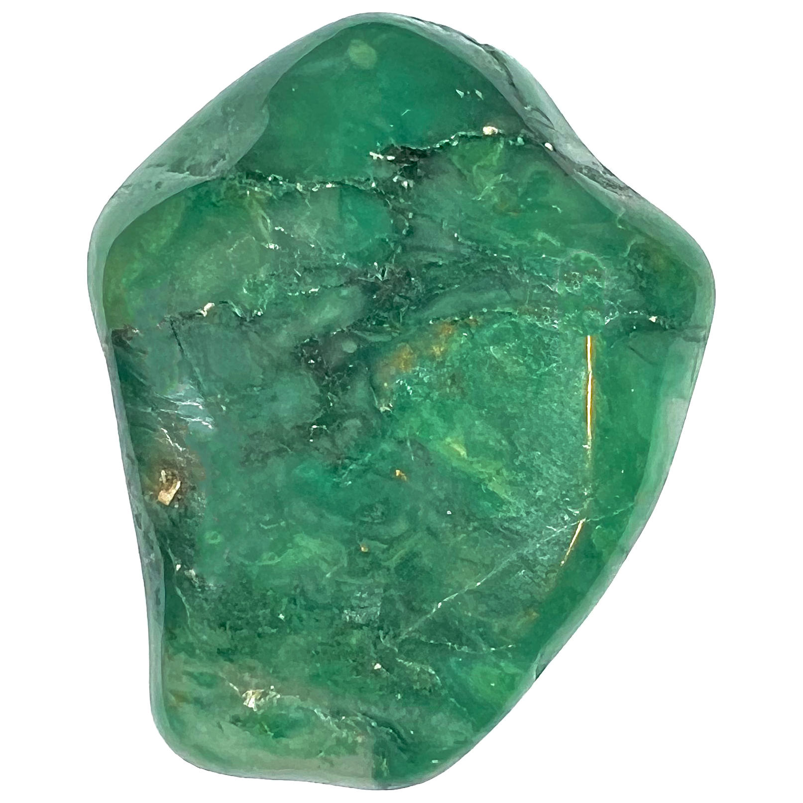 A green streaked tumbled buddstone stone.  The stone is dark, light, and medium green in darkness throughout.