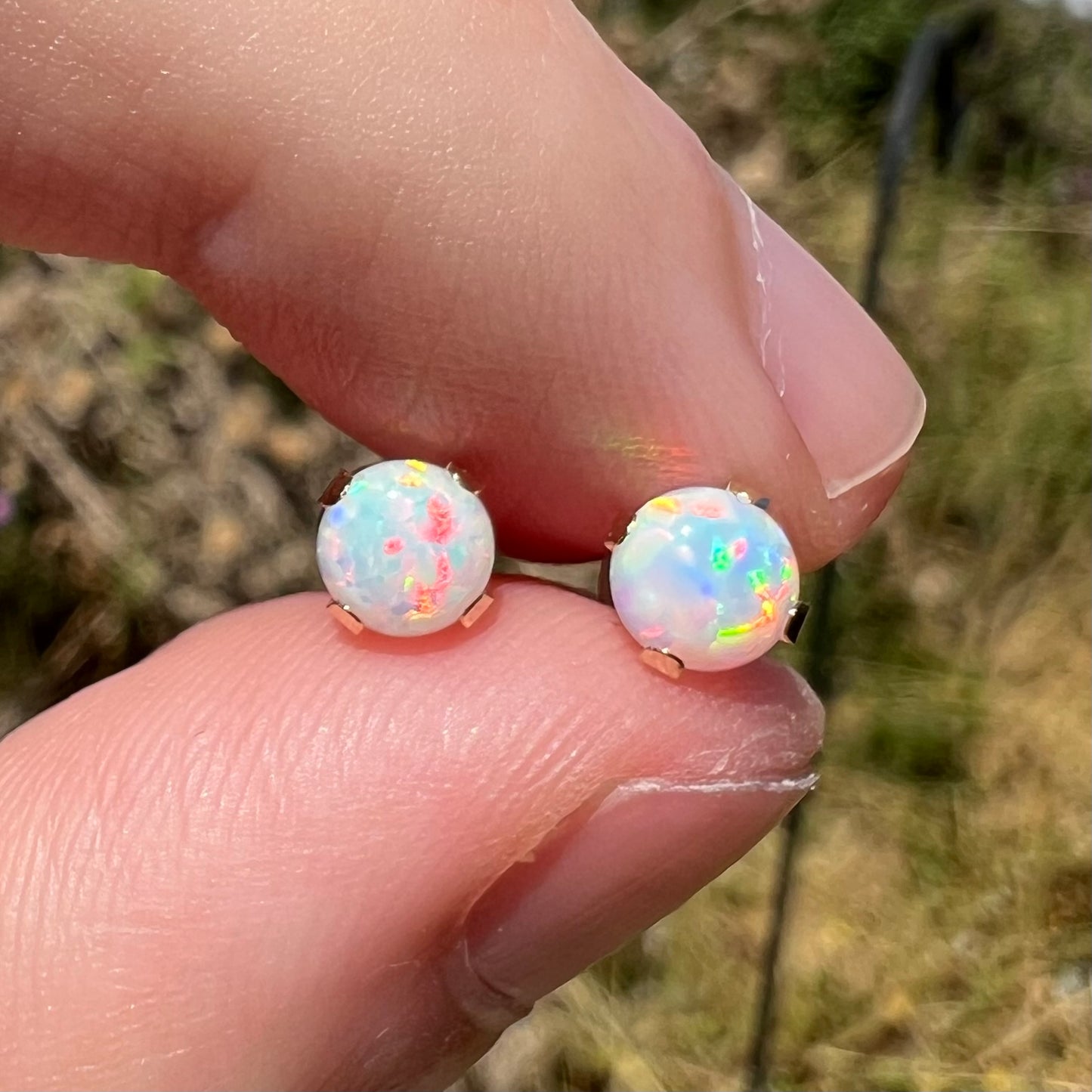 Close-up of a pair of colorful round lab-created opal stud earrings set in 14k yellow gold, held between two fingers in natural sunlight against blurred outdoor background.