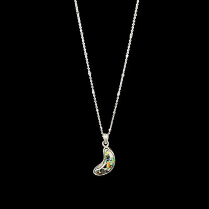 A sterling silver necklace bezel set with a natural Koroit boulder opal stone.  The stone is shaped like a crescent moon.