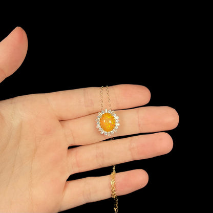 Hazel | Pinfire Ethiopian Opal & White Zircon Halo Necklace in 14k Gold with 14k Chain