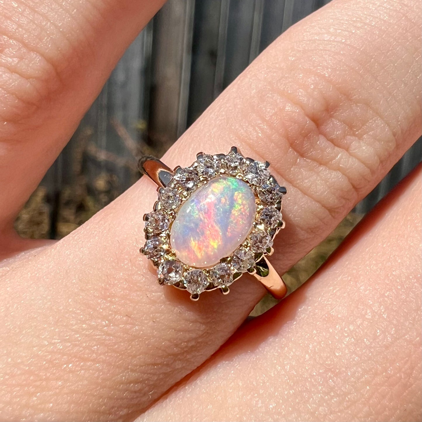 An Edwardian opal and diamond halo engagement ring.  The opal shines pink and green in the sunlight.