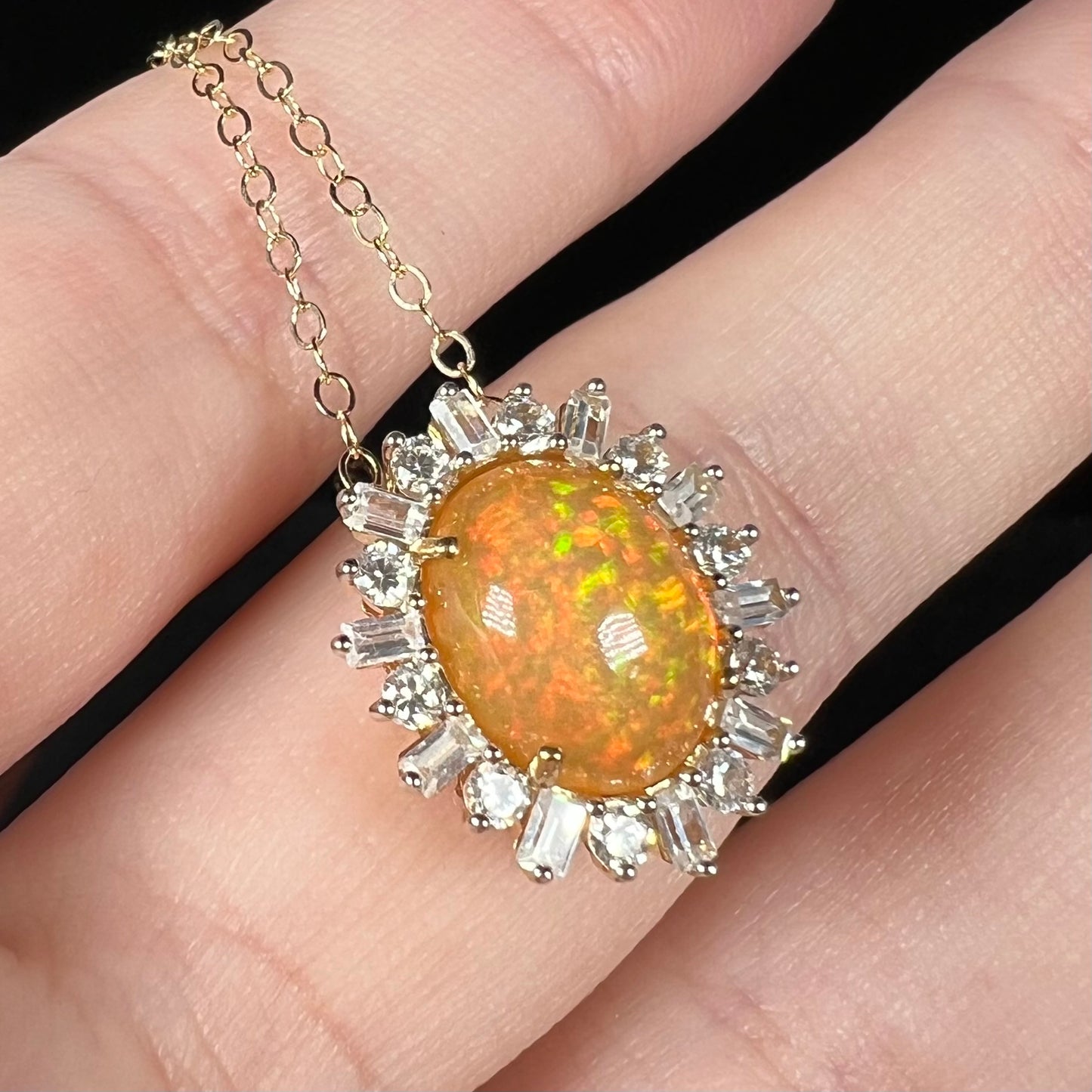 Hazel | Pinfire Ethiopian Opal & White Zircon Halo Necklace in 14k Gold with 14k Chain