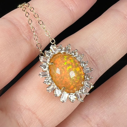 Hazel | Pinfire Ethiopian Opal & White Zircon Halo Necklace in 14k Gold with 14k Chain