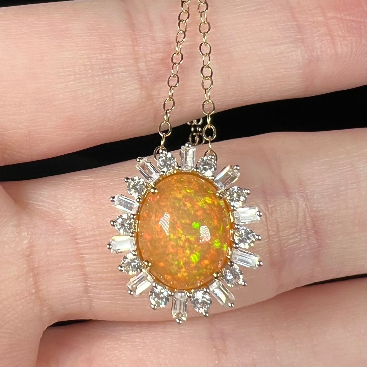 Hazel | Pinfire Ethiopian Opal & White Zircon Halo Necklace in 14k Gold with 14k Chain