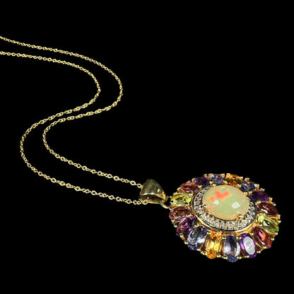 A gold plated sterling silver Ethiopian fire opal and multi-gemstone halo necklace shown from an angle.