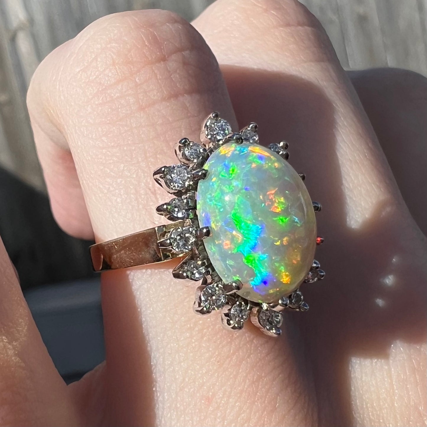 Sunflower | 4.30ct Lightning Ridge Crystal Opal & Diamond Halo Ring in 18k Gold