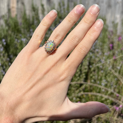 Sunflower | 4.30ct Lightning Ridge Crystal Opal & Diamond Halo Ring in 18k Gold