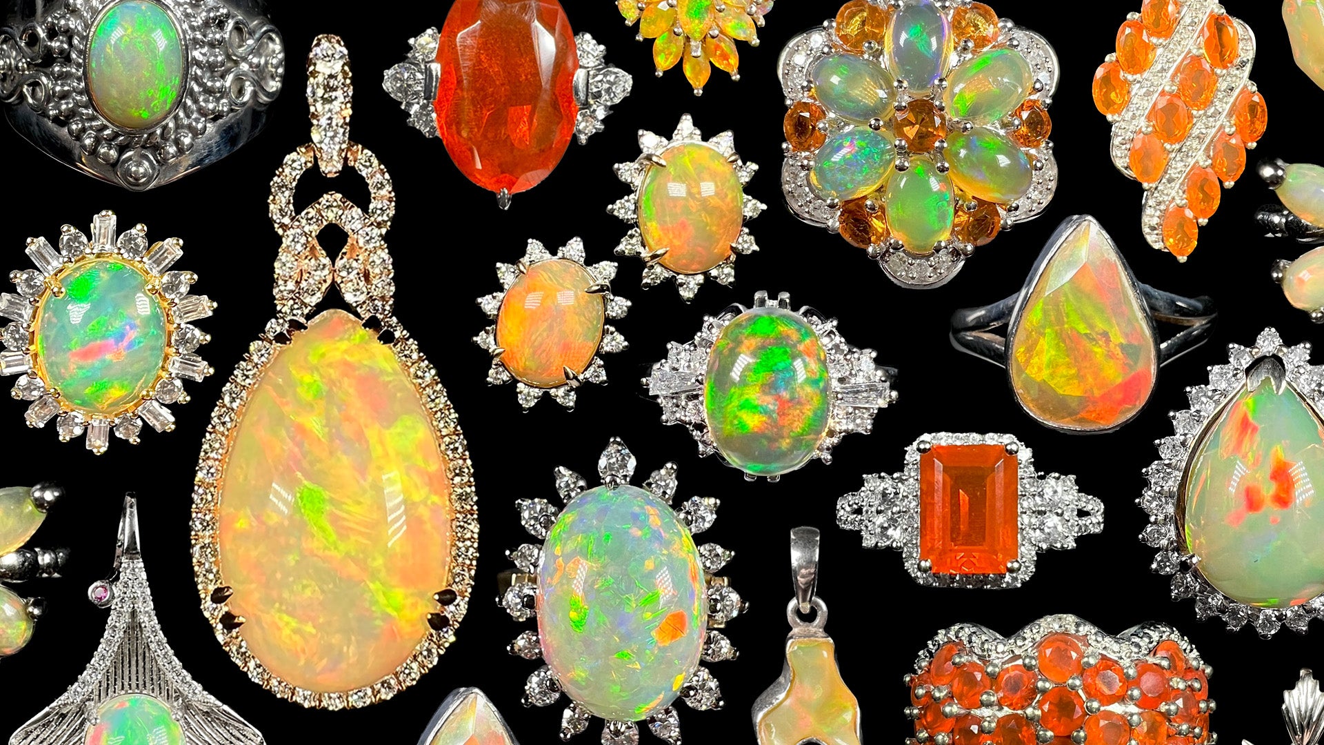A dense collage of fire opal jewelry of all types against a black background, including rings, necklaces, and earrings from Mexico, Australia, and Ethiopia.