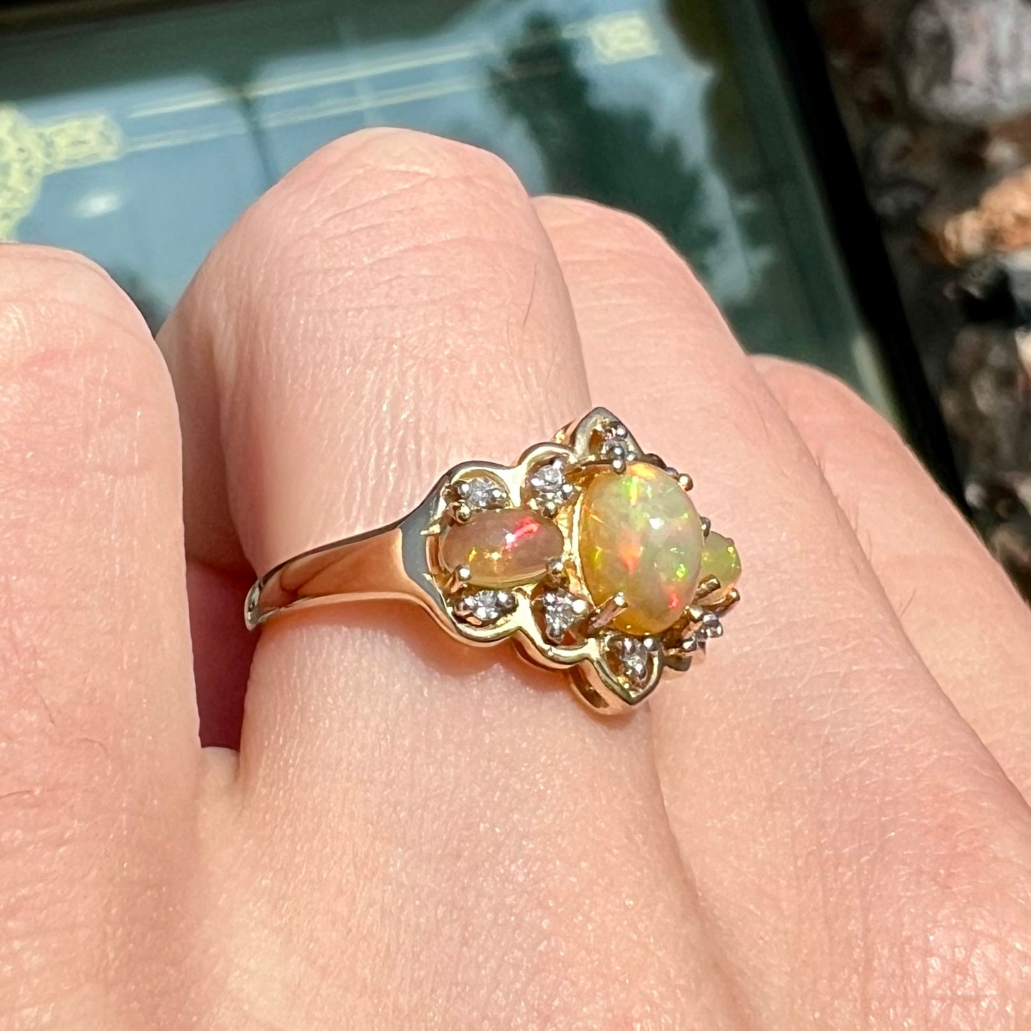 Harriet | Three-Stone Ethiopian Fire Opal Ring in 10k Gold