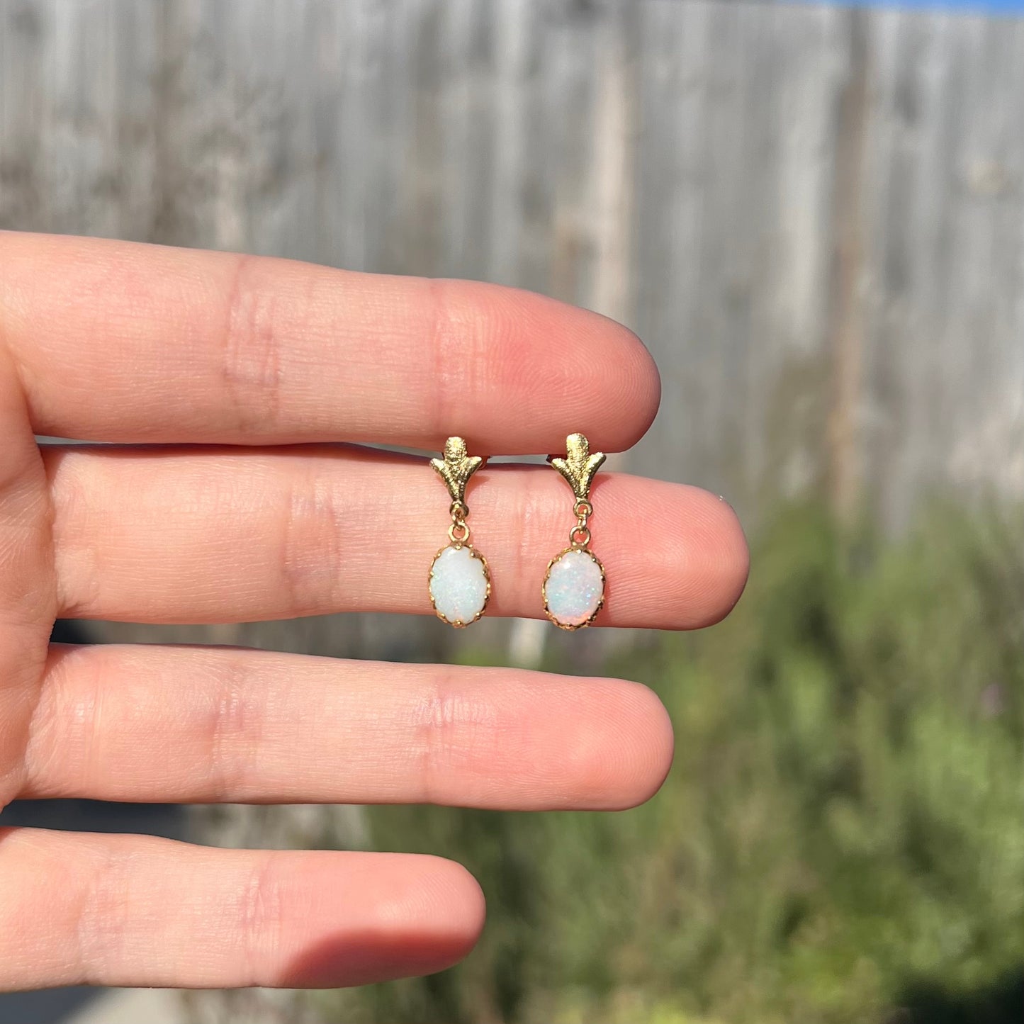 A pair of yellow gold Fleur-de-Lis Australian light opal dangle earrings shown held between two fingers in the sunlight.