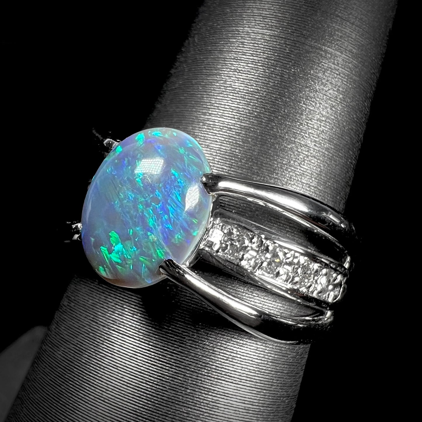 Alina | 1.88ct Lightning Ridge Black Opal & Diamond Ring in Platinum