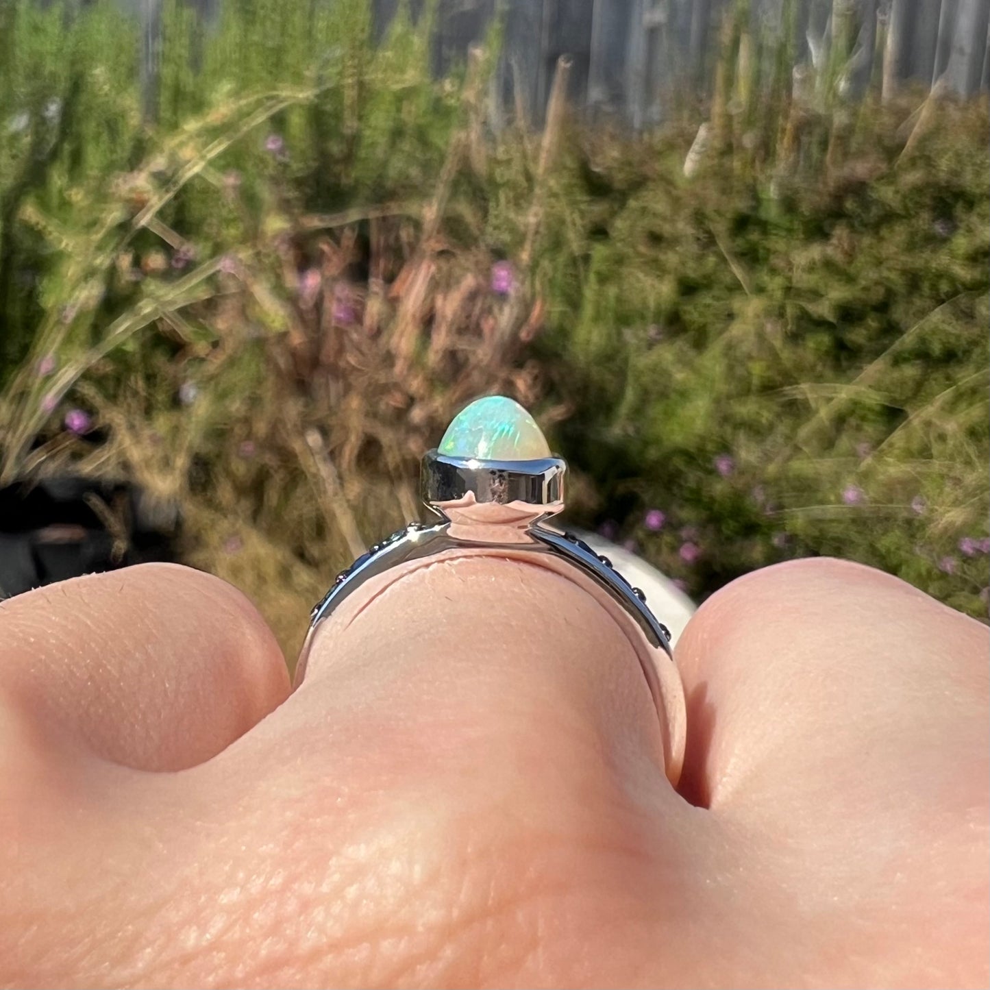 Side gallery view of a silver opal ring worn in the sunlight against blurred green outdoor background.