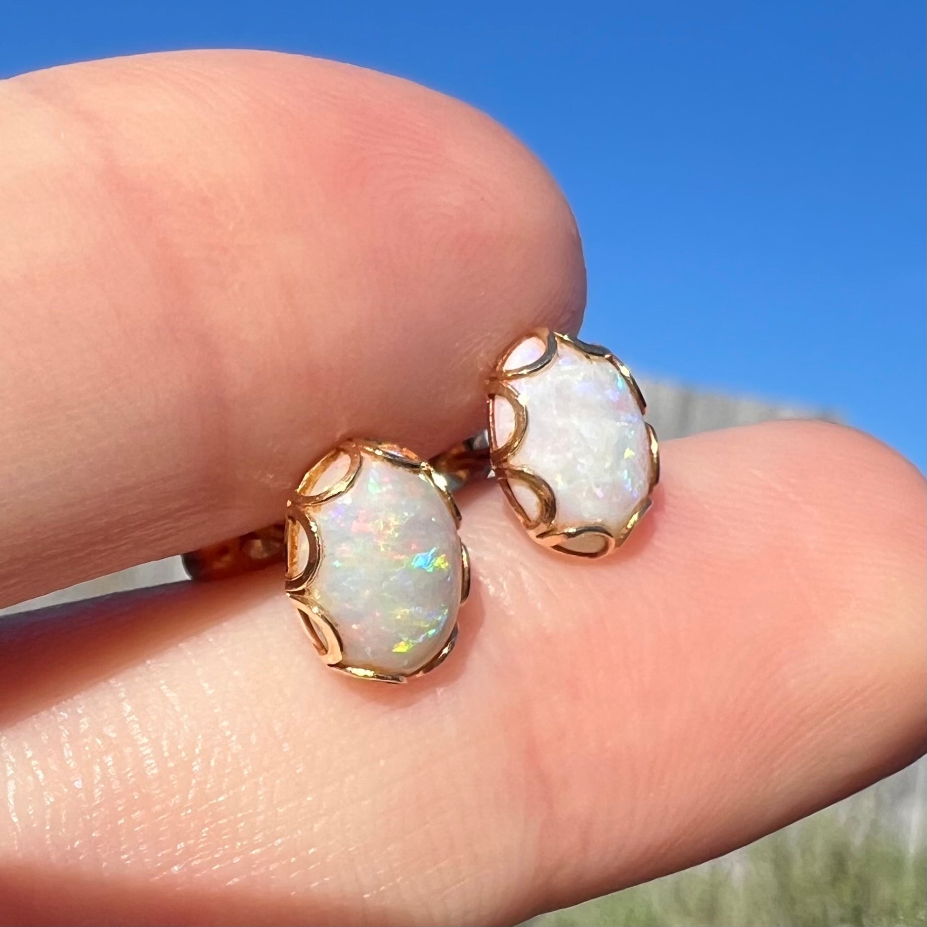 A pair of Australian white opal stud earrings in yellow gold, shown from a close-up angle held between two fingers in sunlight.