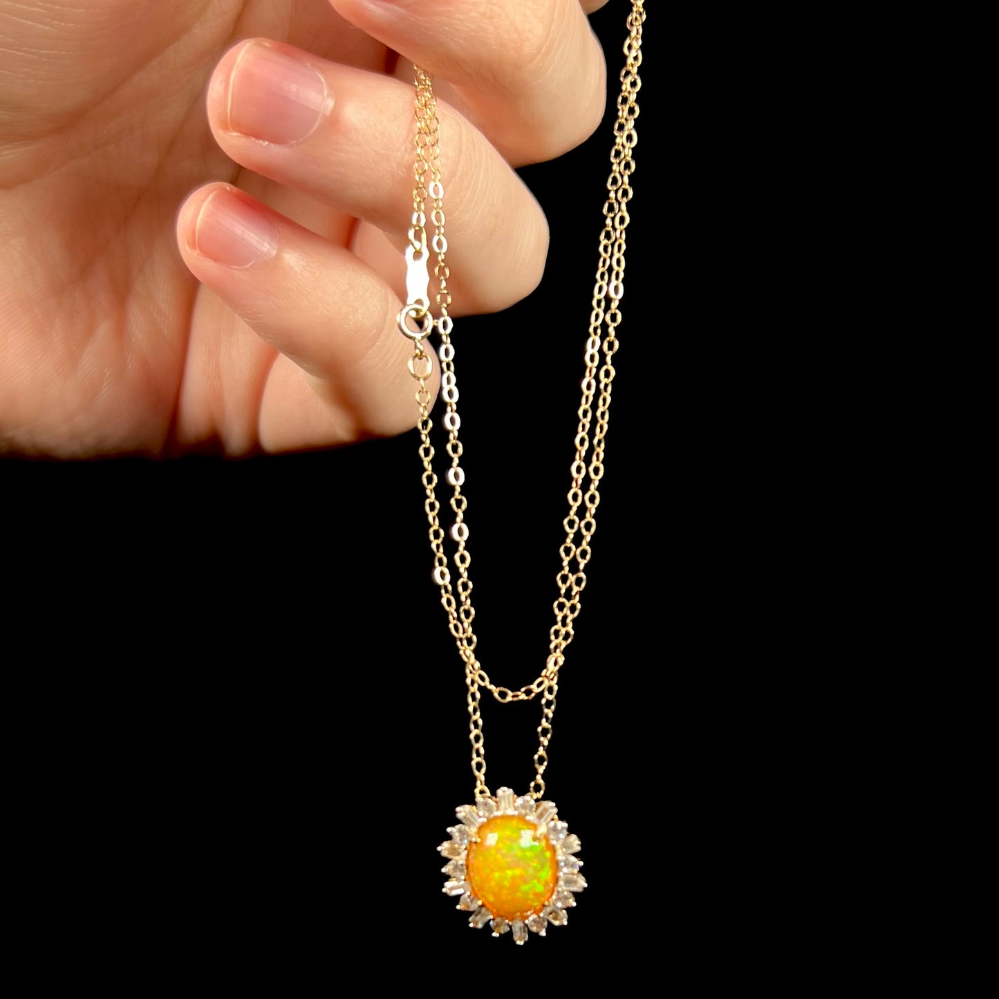 Hazel | Pinfire Ethiopian Opal & White Zircon Halo Necklace in 14k Gold with 14k Chain