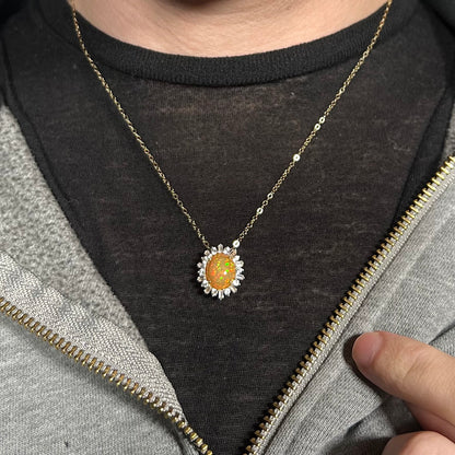 Hazel | Pinfire Ethiopian Opal & White Zircon Halo Necklace in 14k Gold with 14k Chain