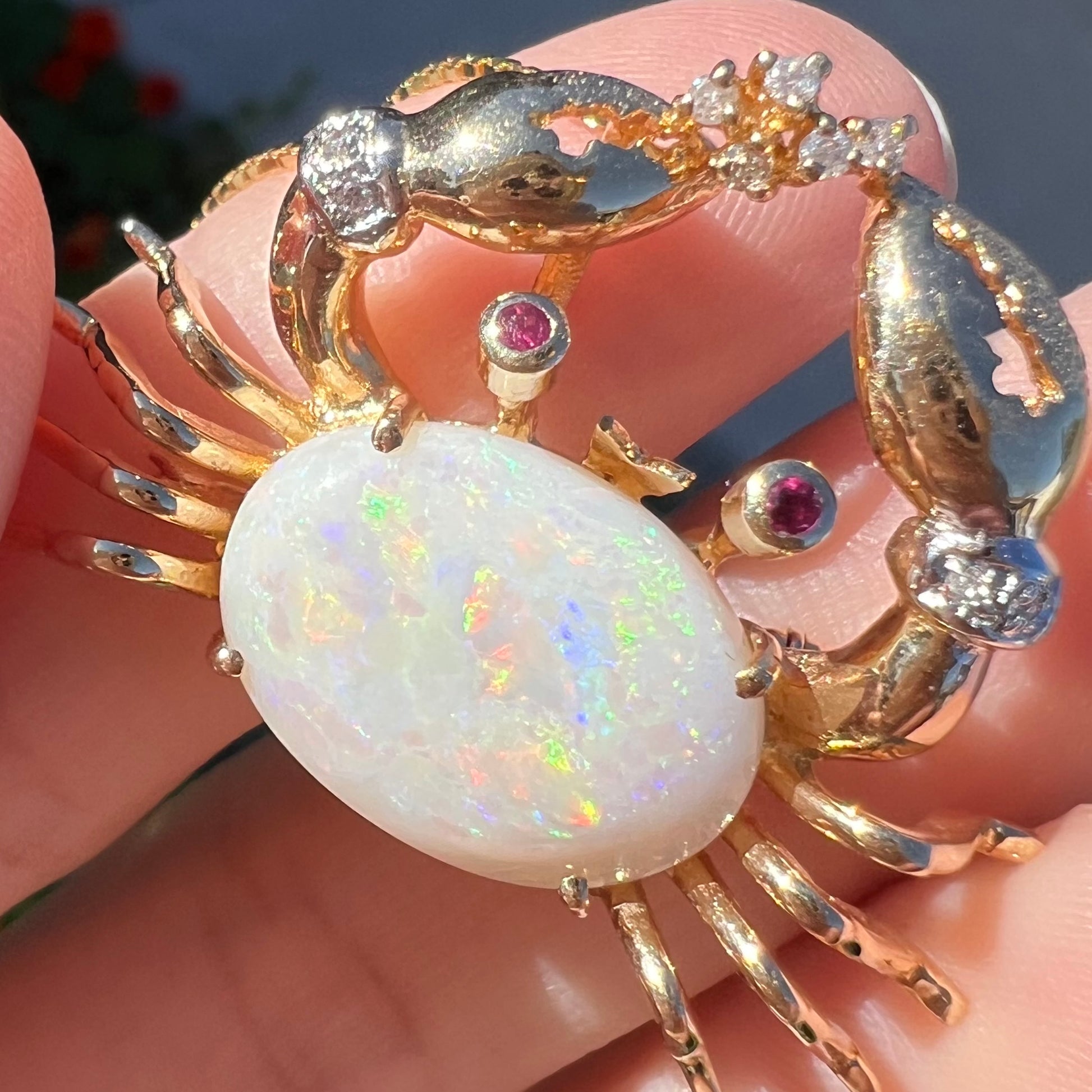 Grand finale macro shot of a gold opal crab necklace in sunlight, showcasing red, yellow, green, and blue opal colors.