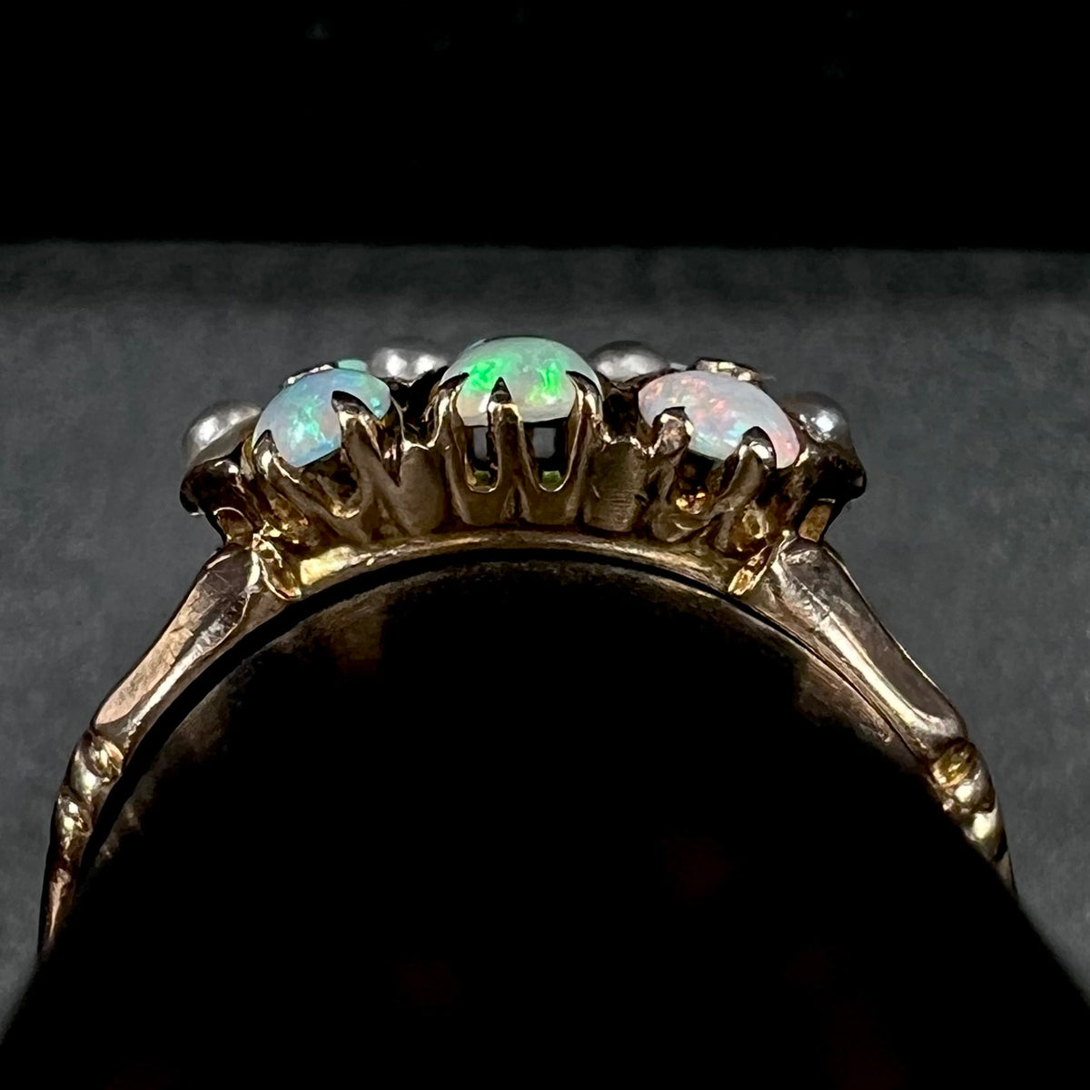 Side gallery profile view of Victorian gold ring on ring display.  Three prong-set opals are in view, as are four epoxy set pearls; the left-most pearl is lifting off of the setting