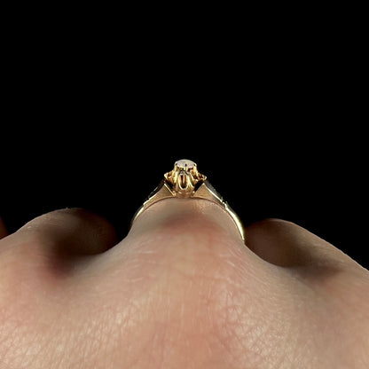 Gold Victorian opal ring shown close-up on a finger from its side profile view against a black background.  The ring's high prongs are in focus.