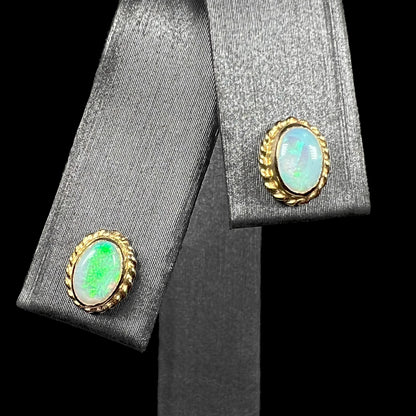 Pair of green Australian opal stud earrings in yellow gold shown from front on earring display against black background.