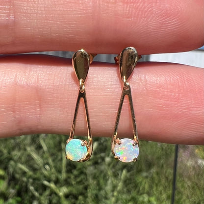 Pair of green and red Australian opal dangle earrings in yellow gold shown close-up in natural light held between two fingers.
