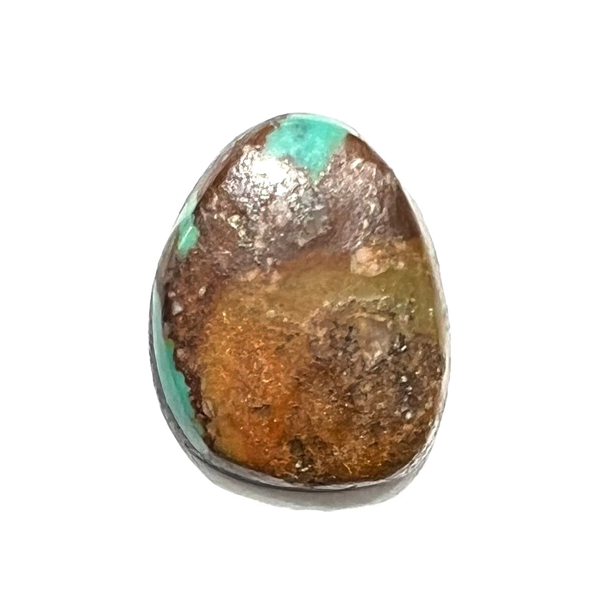 A freeform pear shaped Royston turquoise stone.  The stone is predominantly brown matrix with green turquoise around the edges.