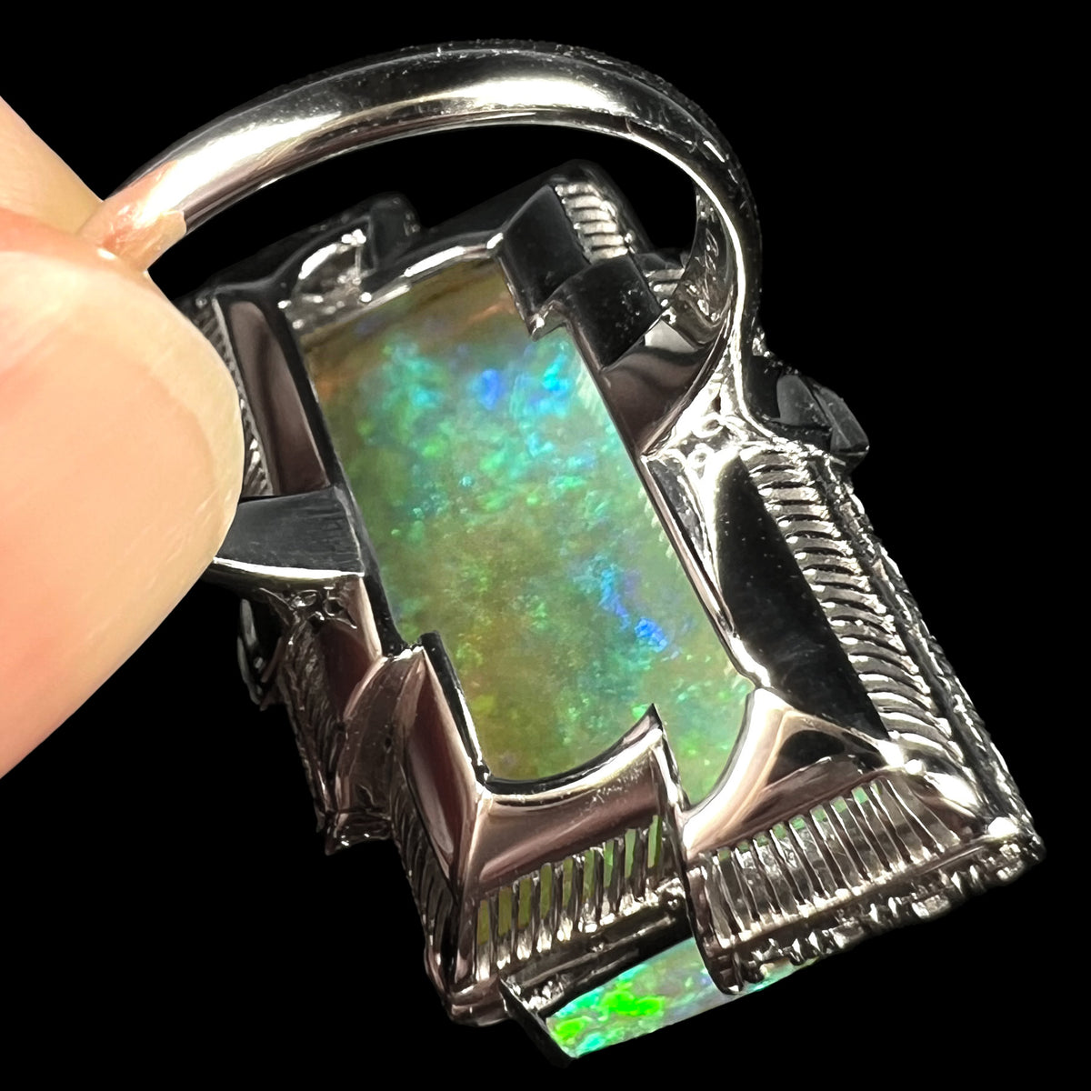 The Empress | Vintage Japanese 11.46ct Rectangular Australian Light Opal & Diamond Cocktail Ring in Platinum, c.1950s