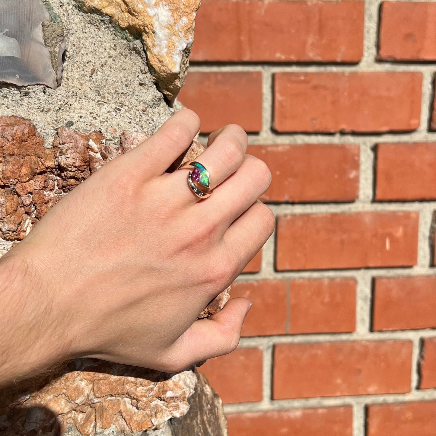 Libra | Retro Pink Tourmaline & Opal Inlay Ring in 14k Gold, c.1980's