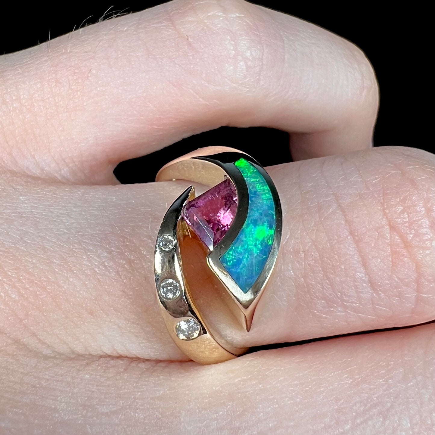 Libra | Retro Pink Tourmaline & Opal Inlay Ring in 14k Gold, c.1980's