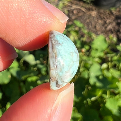 A loose, round cabochon cut Valley Blue turquoise stone.