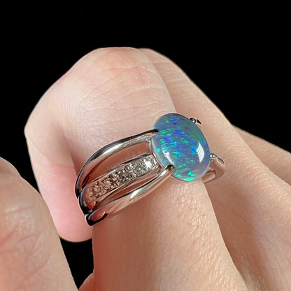 Alina | 1.88ct Lightning Ridge Black Opal & Diamond Ring in Platinum