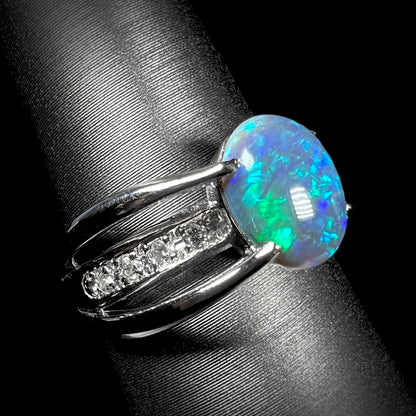 Alina | 1.88ct Lightning Ridge Black Opal & Diamond Ring in Platinum