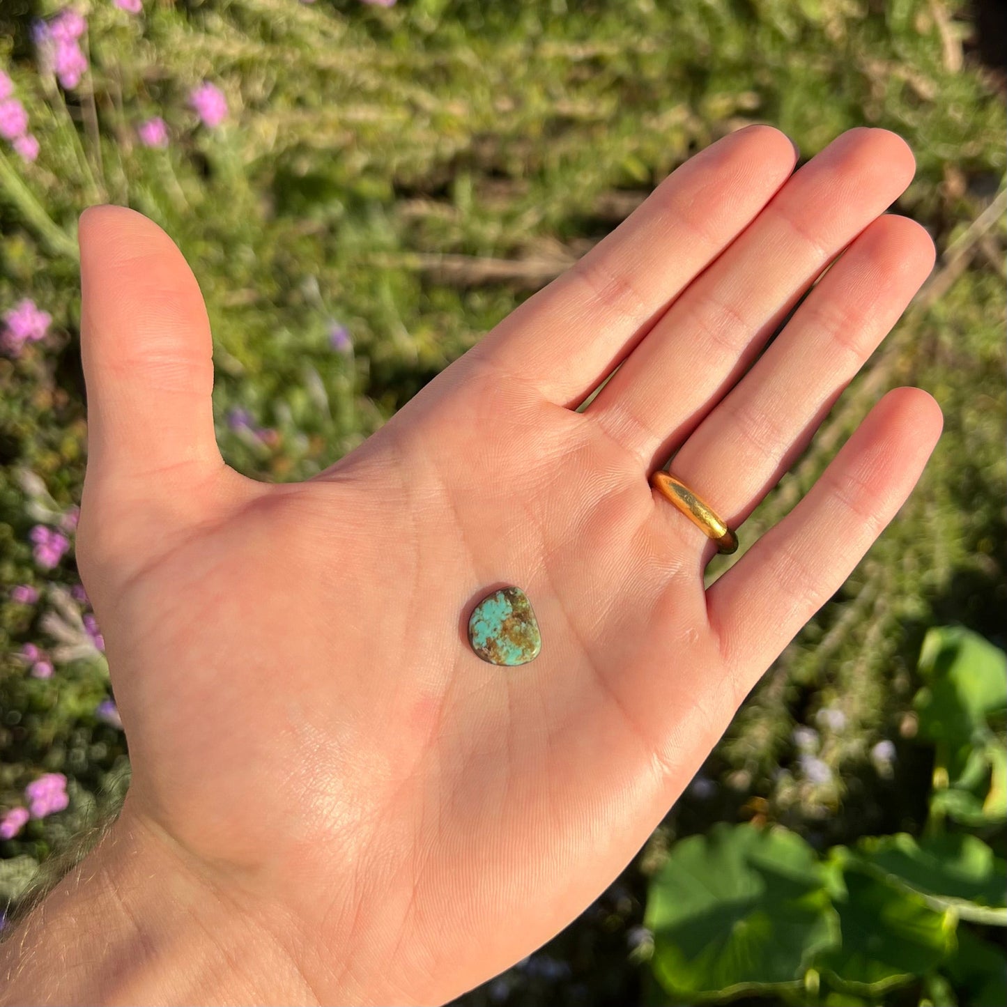 A loose, freeform cabochon cut Royston turquoise stone.