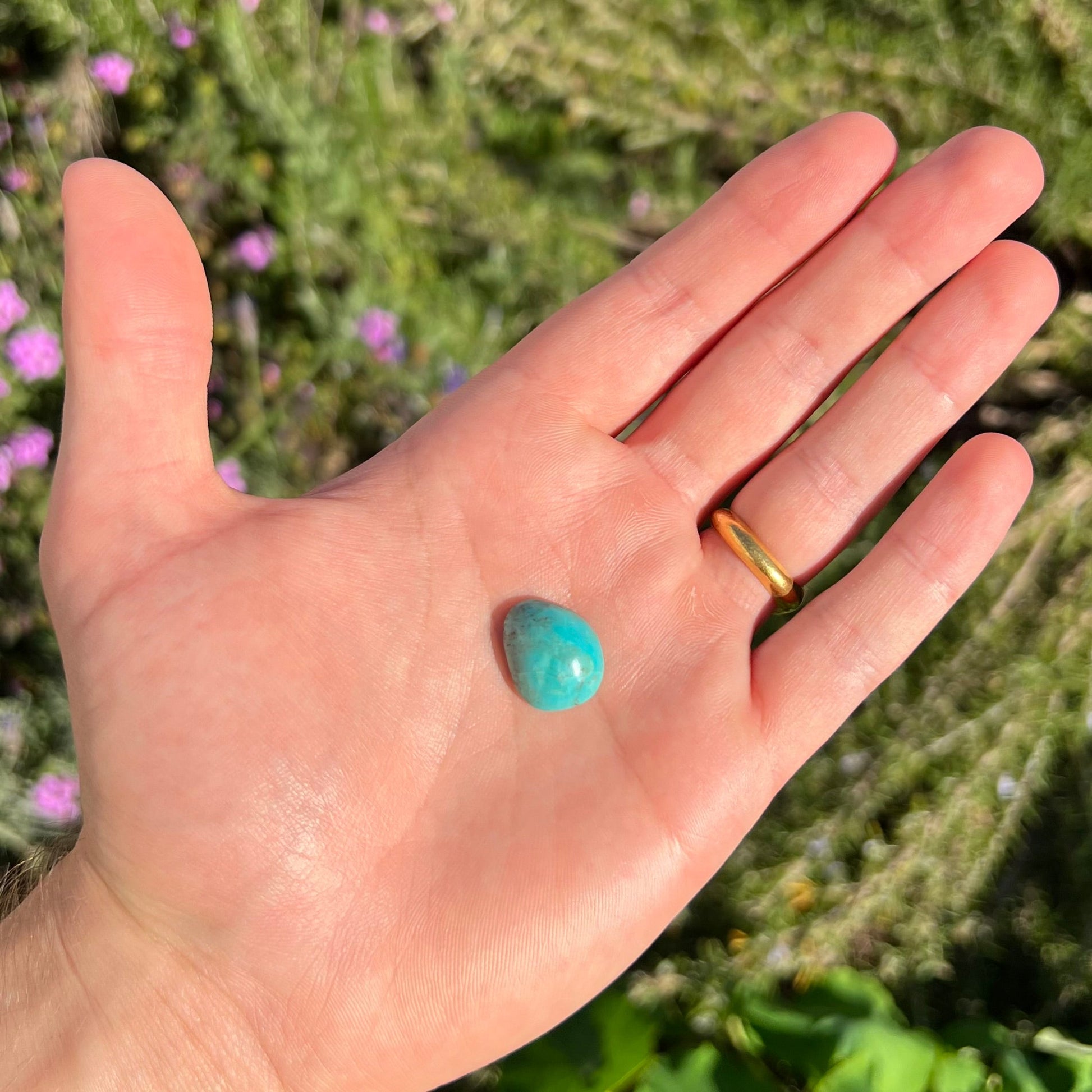 A blue-green turquoise stone from the Pilot Mountain Mine in Nevada.