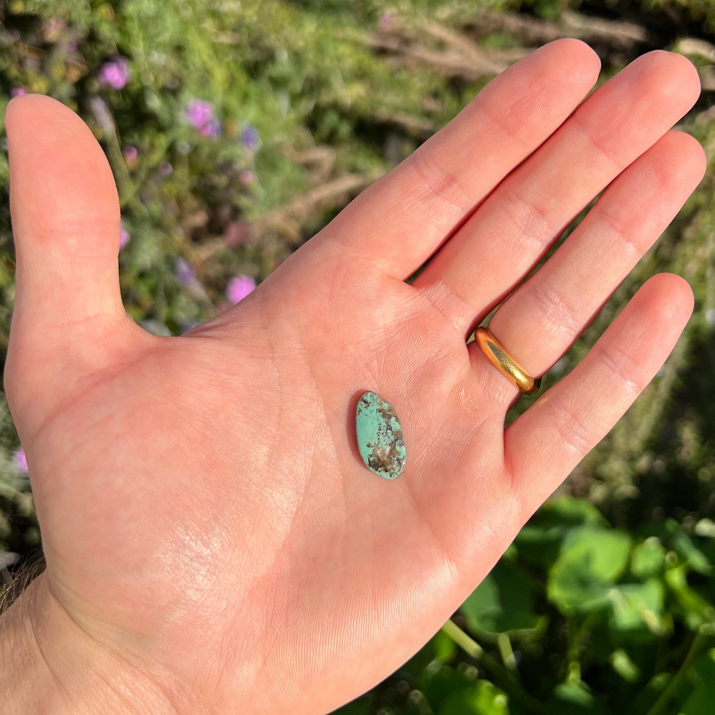 A loose green turquoise stone.  The cabochon is green with black and brown matrix.