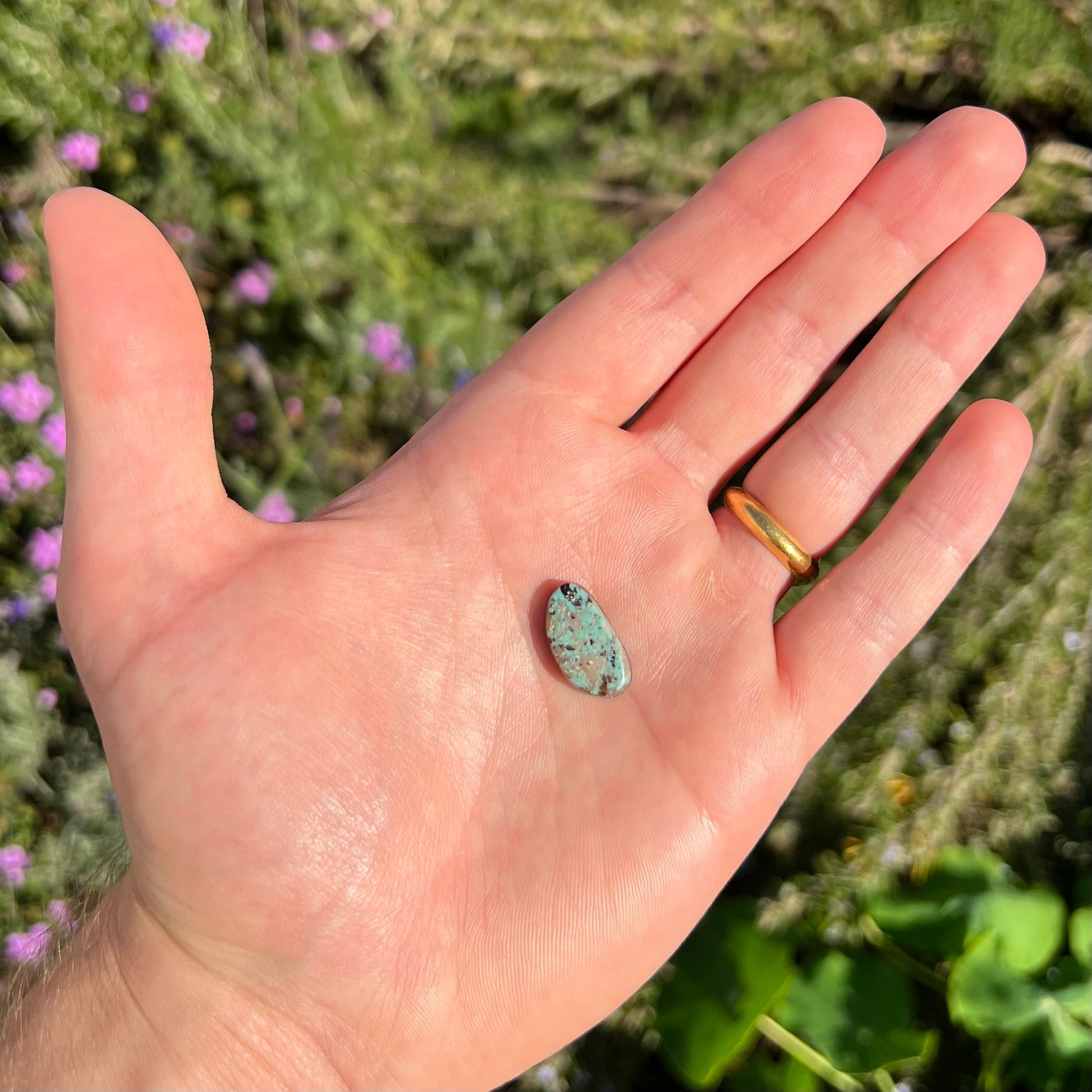 A loose turquoise cabochon.  The stone is greenish blue with black, brown, and white quartz matrix.