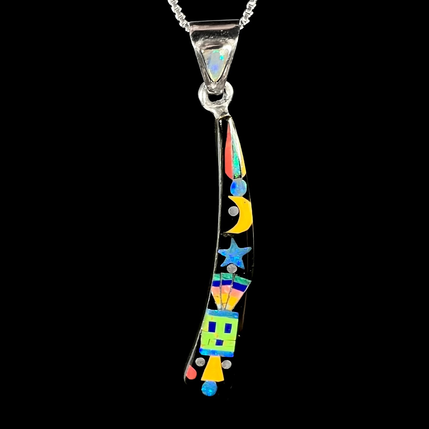 Men's elongated sterling silver opal and onyx inlay necklace with Southwest-style kachina and space motif, shown on black background.