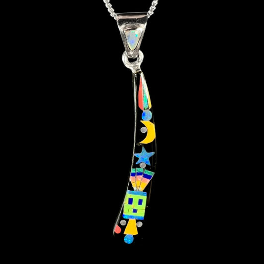 Men's elongated sterling silver opal and onyx inlay necklace with Southwest-style kachina and space motif, shown on black background.