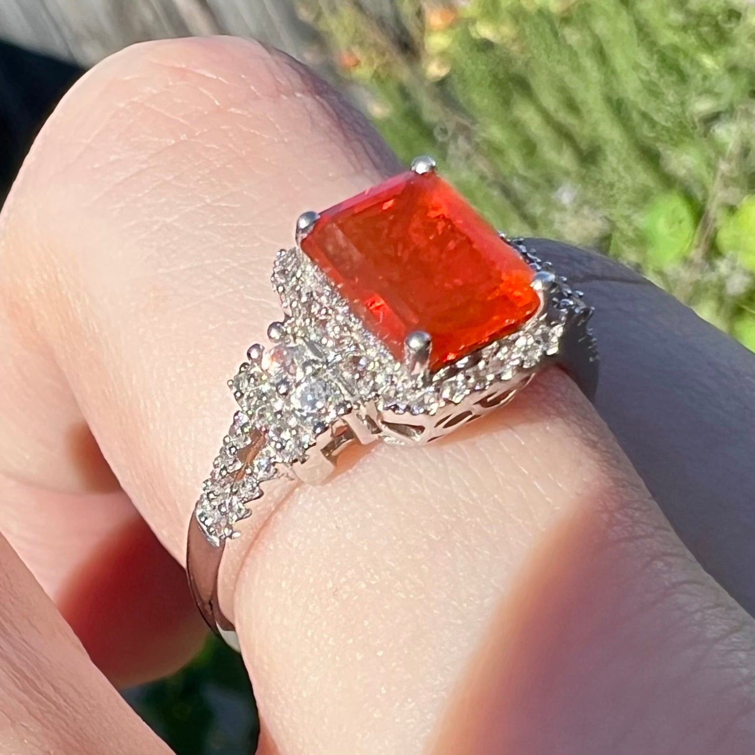 Mexican fire opal and white zircon halo ring shown close-up from an angle on a finger in natural sunlight against a blurred green backdrop.