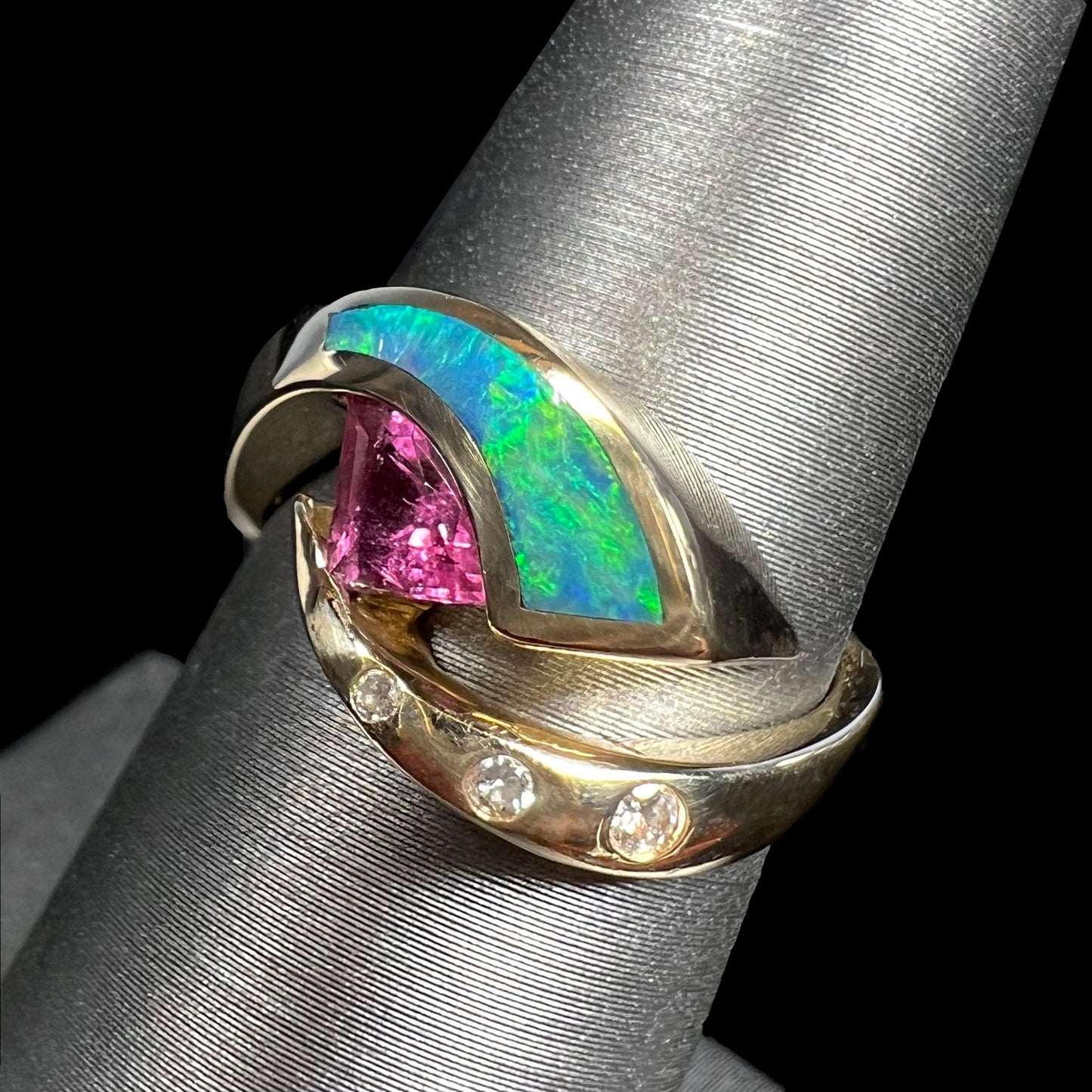 Libra | Retro Pink Tourmaline & Opal Inlay Ring in 14k Gold, c.1980's