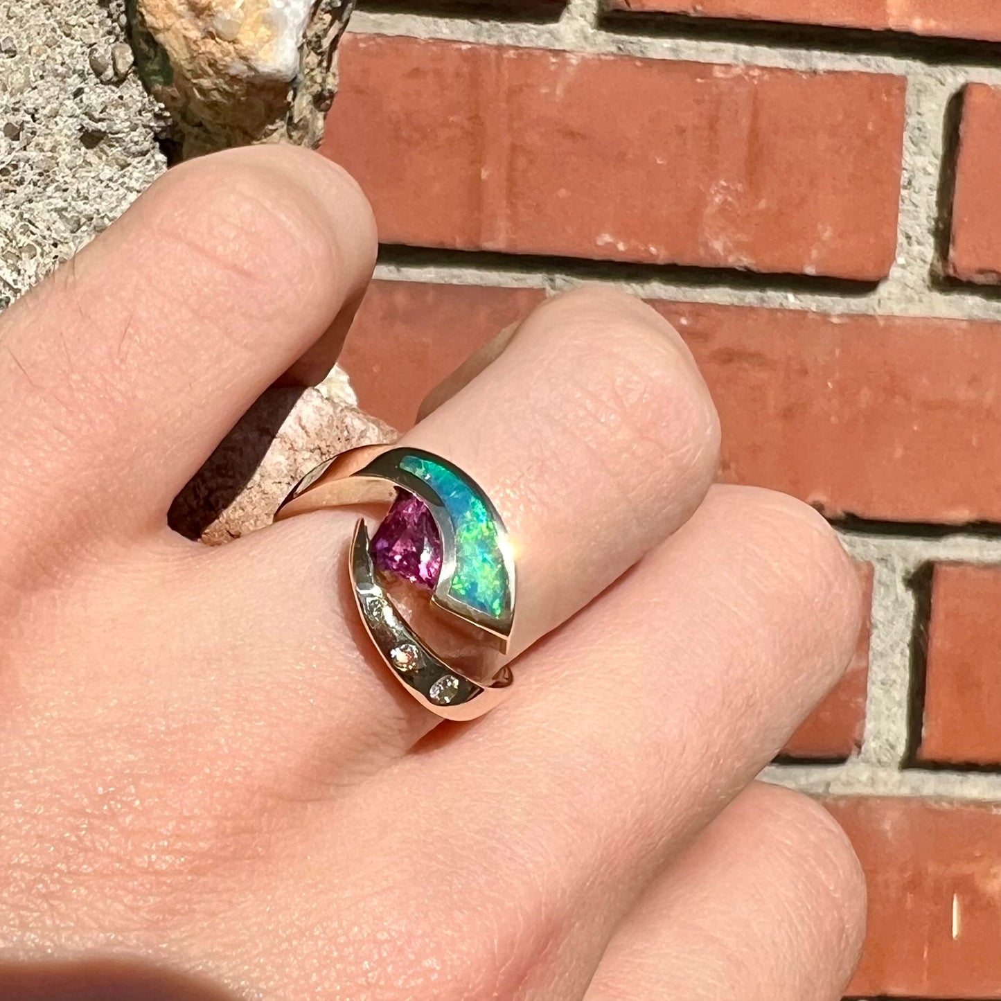 Libra | Retro Pink Tourmaline & Opal Inlay Ring in 14k Gold, c.1980's