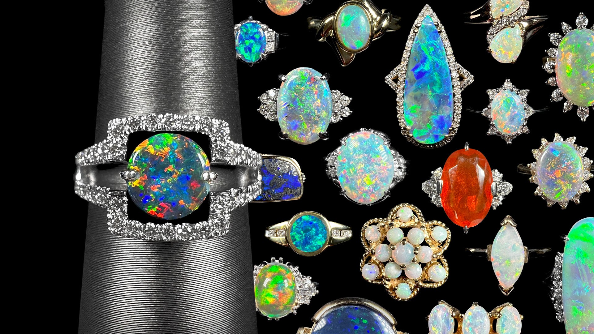 On the left, a black opal and diamond engagement ring is shown close-up on a ring display against a collage of colorful opal engagement rings that fills the center and right side of the image.