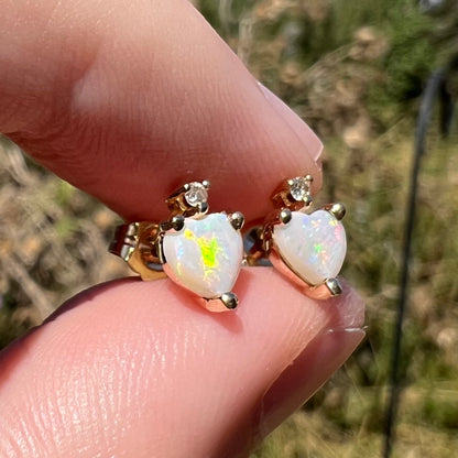 Green flashes seen in heart shaped opal stud earrings, viewed close-up in natural sunlight from an angle held between two fingers.