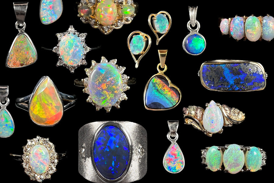 A colorful collection of opal rings, opal necklaces, and opal earrings.