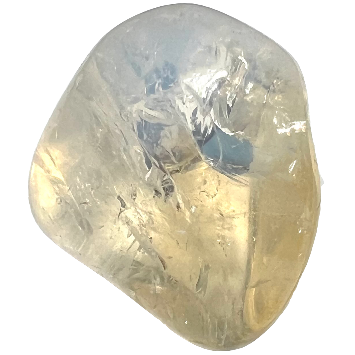 A tumbled piece of opalite glass stone.  The stone is yellow with a pearlescent bluish white sheen.