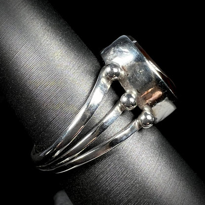 Opposite side view of the boho silver fire agate ring setting.