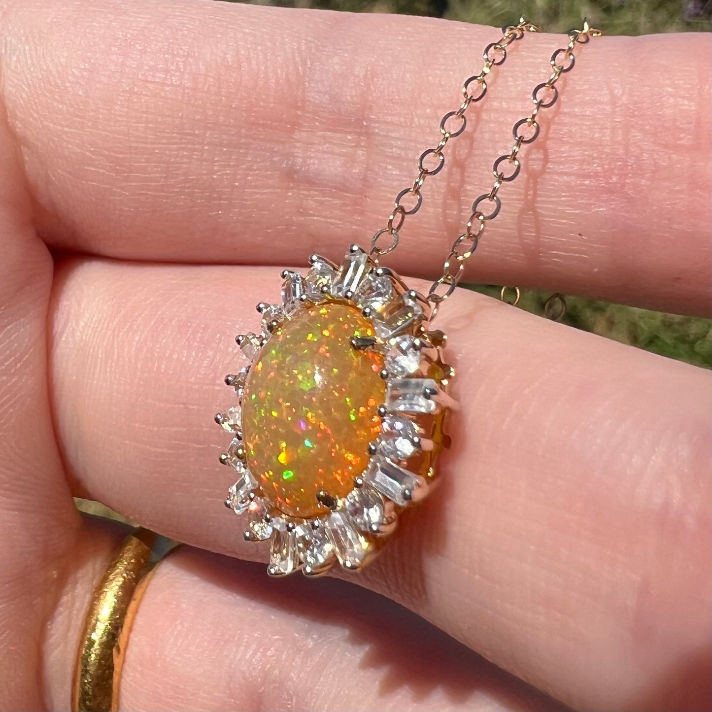 Hazel | Pinfire Ethiopian Opal & White Zircon Halo Necklace in 14k Gold with 14k Chain