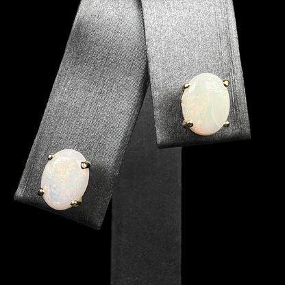 Front view oval shaped opal stud earrings on display